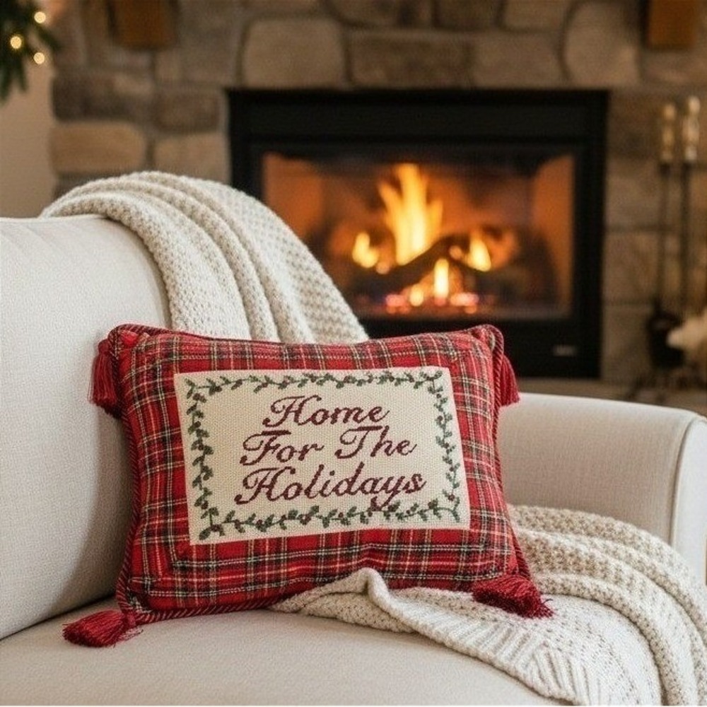 Red Christmas Needlepoint Pillow, Home For The Holidays, Plaid Lumber Tassels
